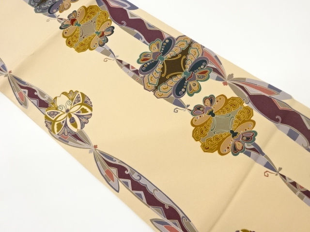 JAPANESE HIRAKI NAGOYA OBI / FLOWER CREST & BUTTERFLY